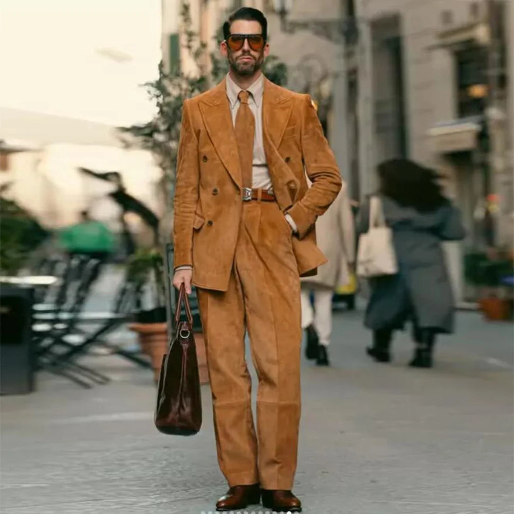 Classic Brown Suede Suits Men Double Breasted Prom Blazer Customized 2-Piece (Jacket Pants ) Man Business Outfit Groom Tuxedos