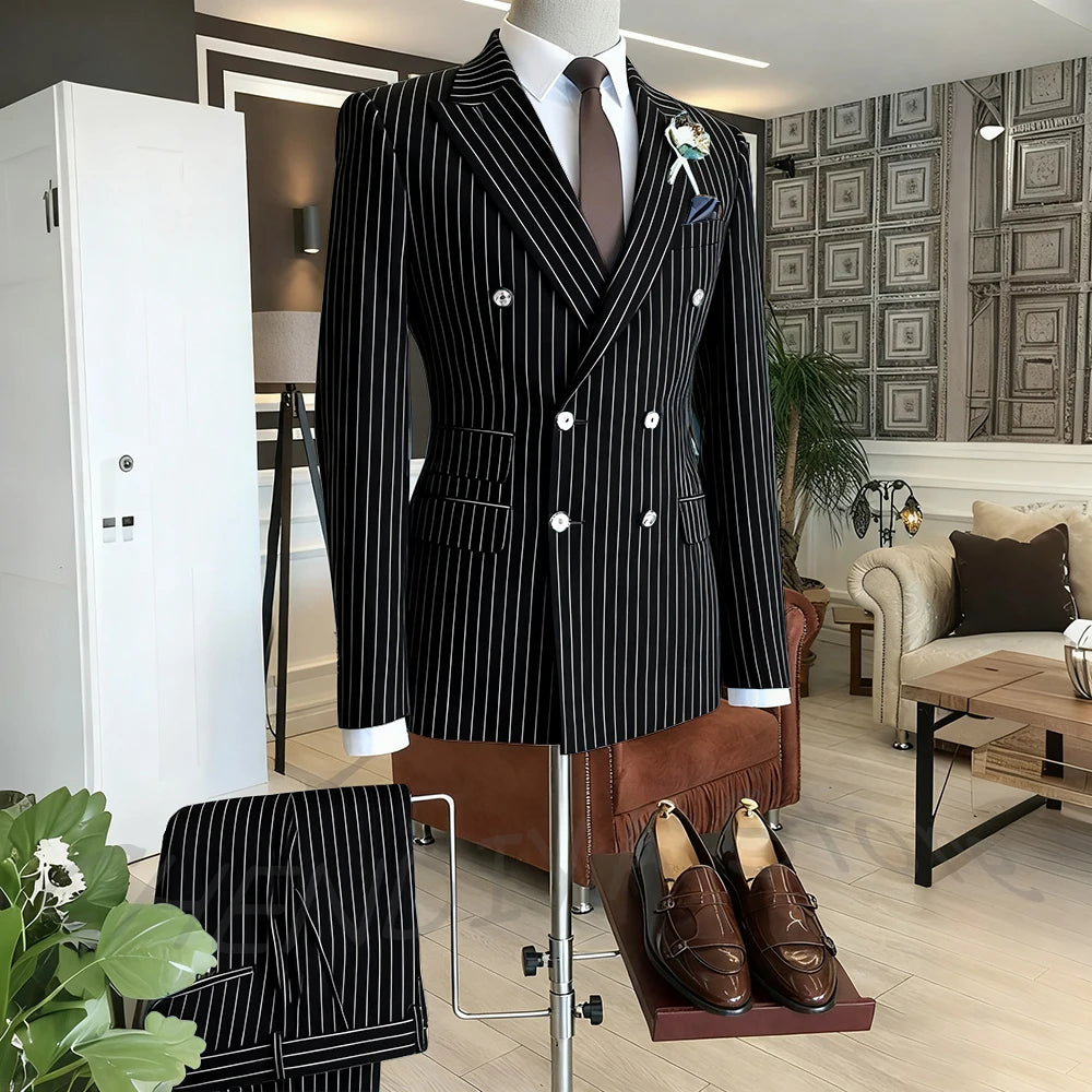 Brown Striped Men Suits Double Breasted Formal Outfits 2 Piece Male Clothing Business Casual Tailored Party Prom Jacket Pants