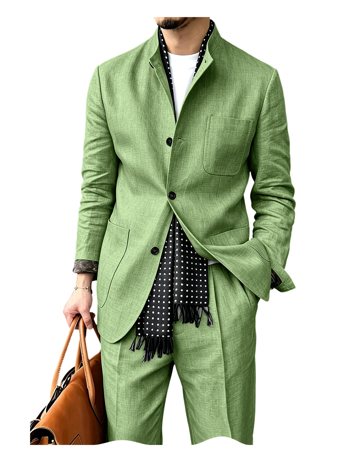Men's Linen Blend 2 Piece Suit Set Stand Collar Three Button Breathable Casual Blazer Pants For Business Daily Wear Summer