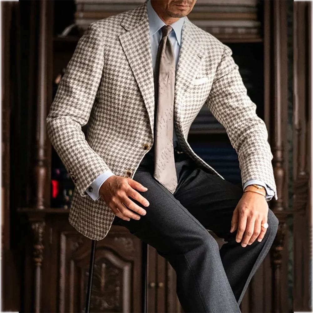 Chic Houndstooth Man Suit Costume Notch Lapel Single Breasted High Quality Slim Fit Outfit Business Office Formal Clothes