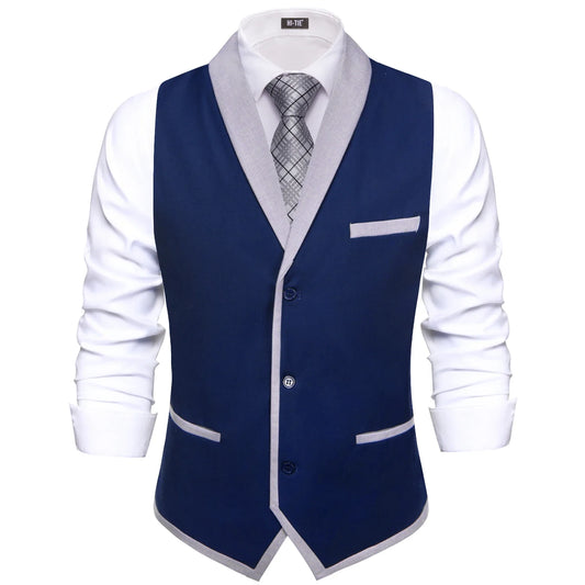 Hi-tie Jacquard Navy Blue Grey Shawl Collar Suit Vest Slim Fit Waistcoat for Wedding Groomsmen V-Neck Tuxedo Sleeveless Jacket