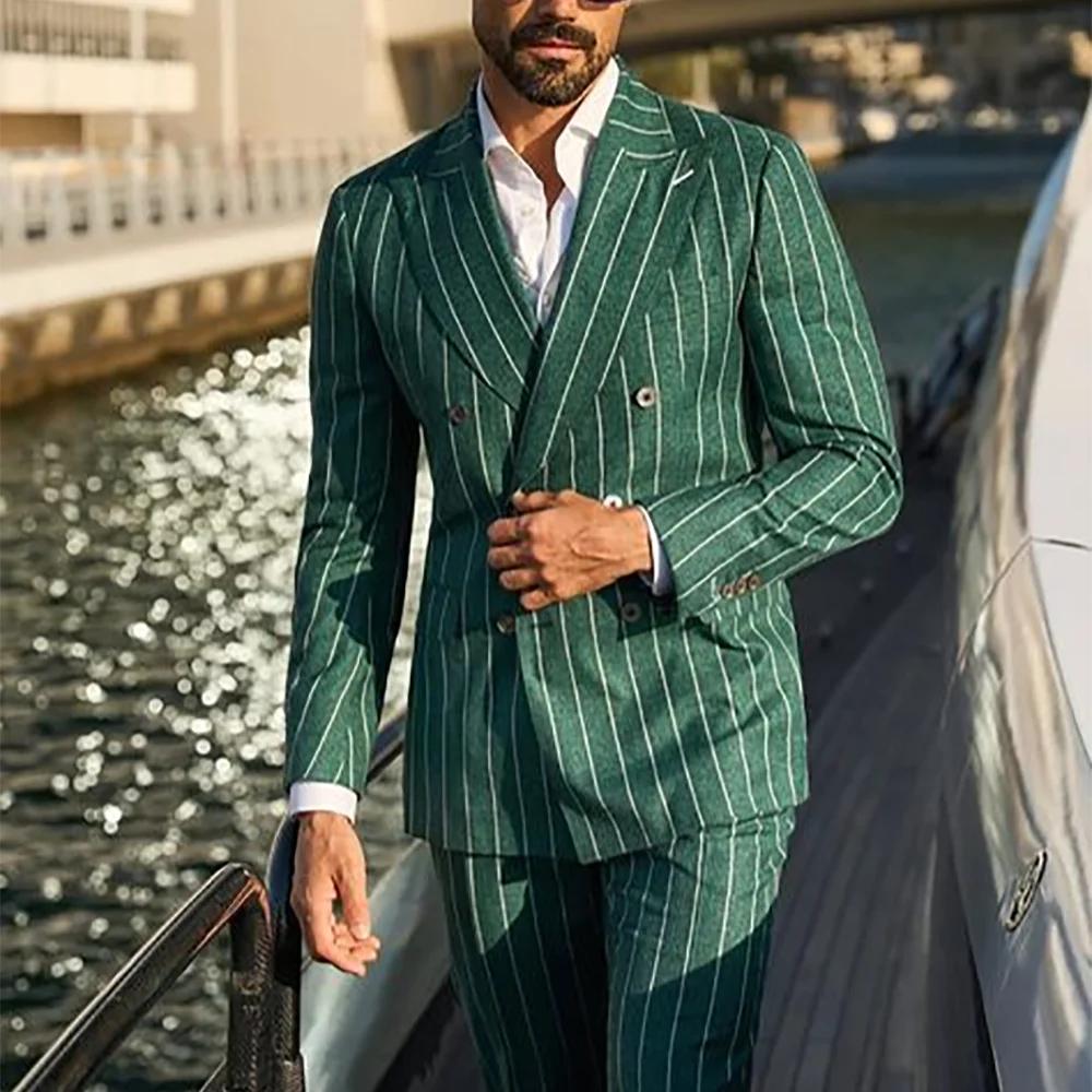 Fashion Green Striped Suit For Men Peaked Lapel High Quality Male Clothing Double Breasted Smart Casual Formal Set Two Pieces