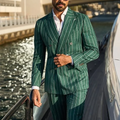 Fashion Green Striped Suit For Men Peaked Lapel High Quality Male Clothing Double Breasted Smart Casual Formal Set Two Pieces