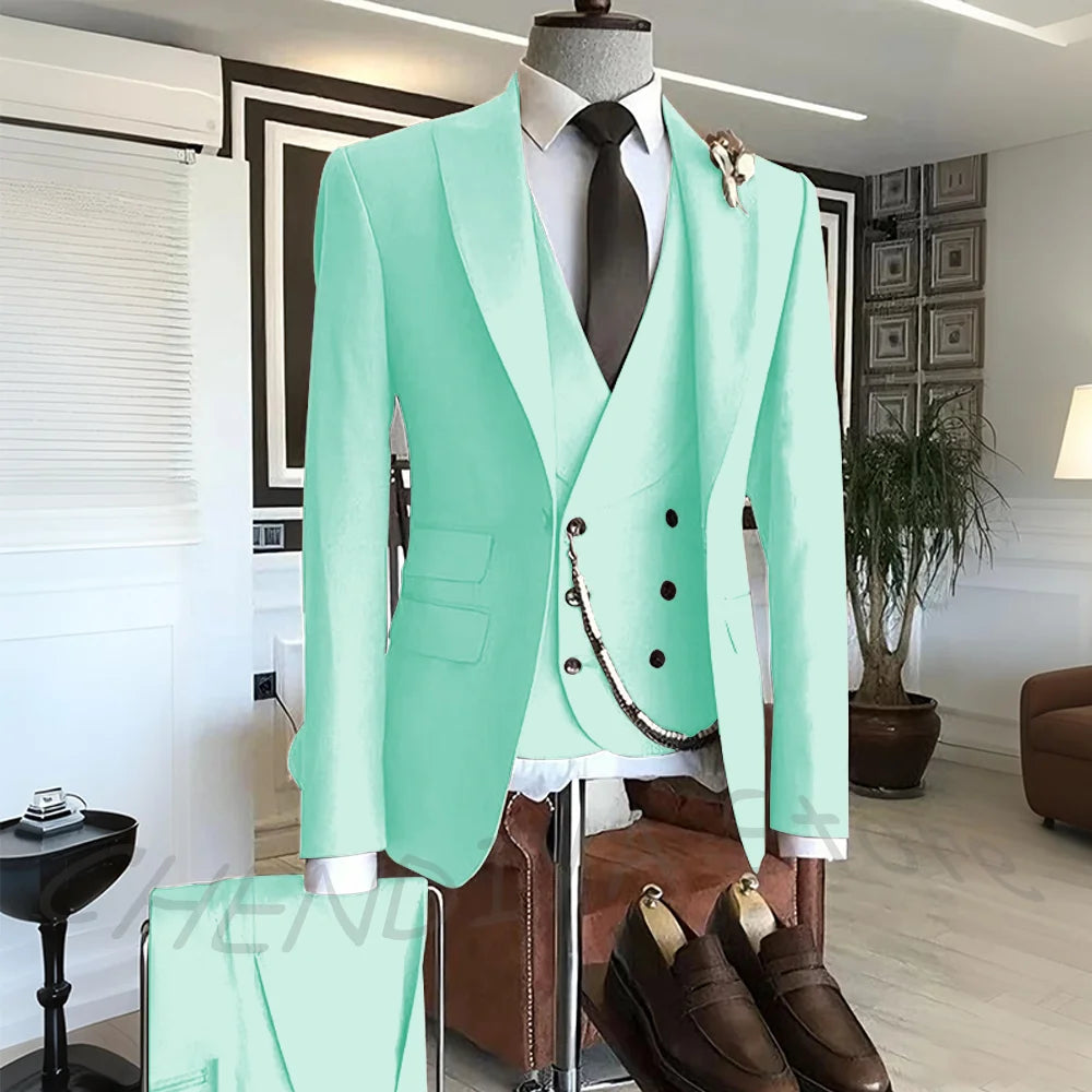 Men's Suit Formal Set 3 Piece Chic Single Button Peak Lapel Slim Fit Outfit Jacket Pants Vest High Quality Business Casual