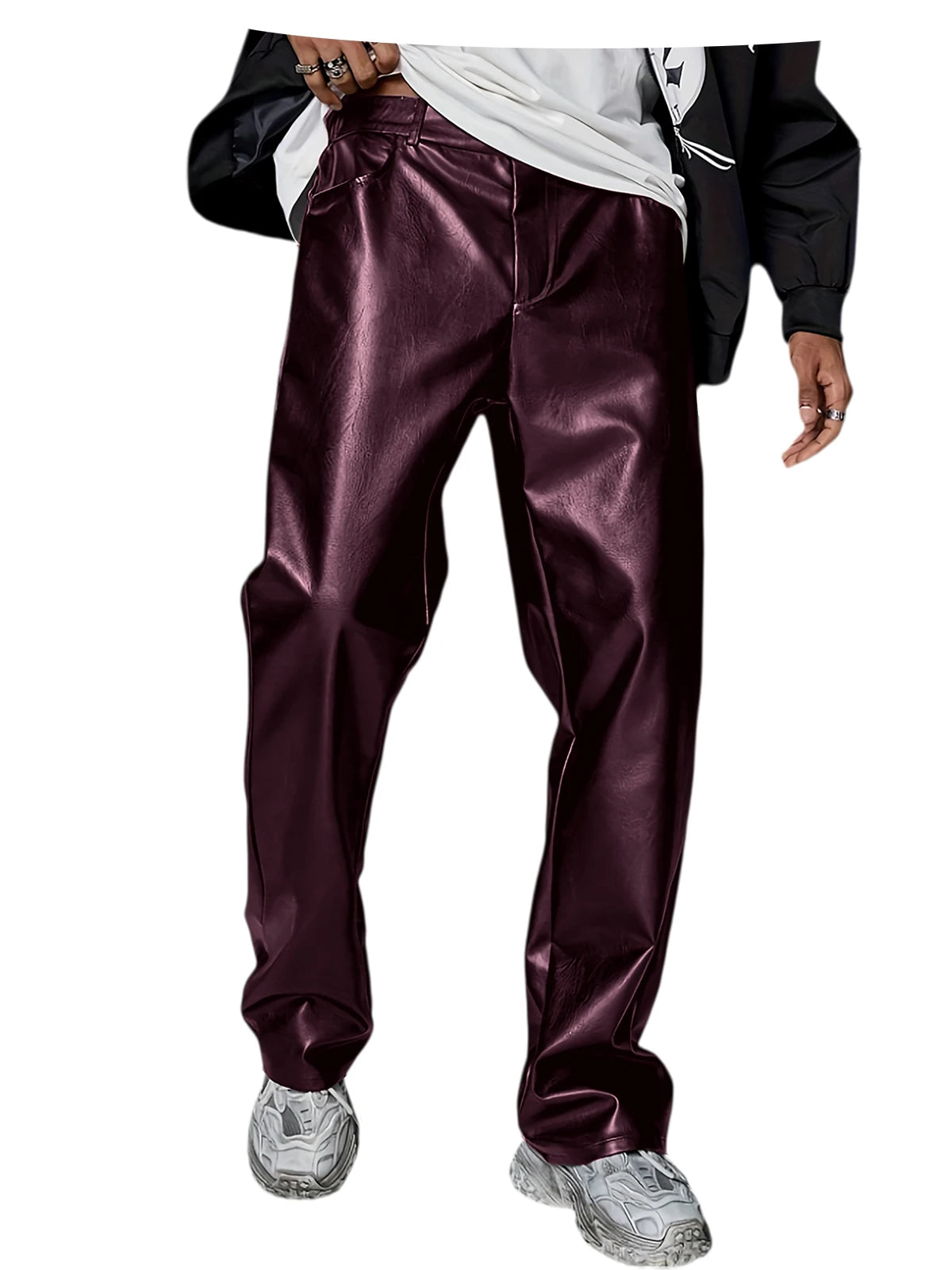 Men's Faux Leather Wide Leg Pants High Waist Loose Straight Trousers Hip Hop Streetwear Club Party Casual Bottoms