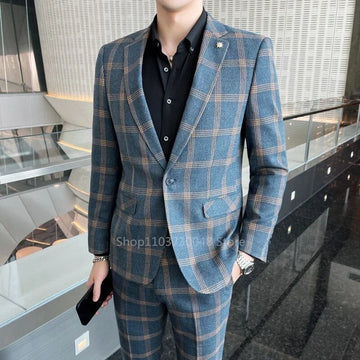 2 Pieces  New Design Plaid Suits with Notch Lapel Single Breasted Slim Fit Best Men Groom Tuxedos Wedding Business Party Suits