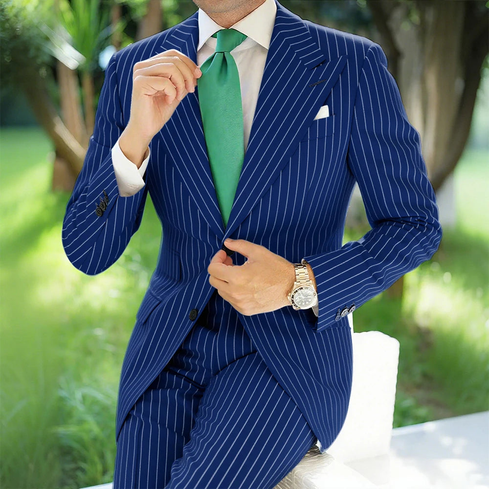 Hot Sale Navy Pinstripe Men's Suits Fashion Peaked Lapel Two Button Groom Wedding Business Prom Party Male Suit (Jacket+Pants)