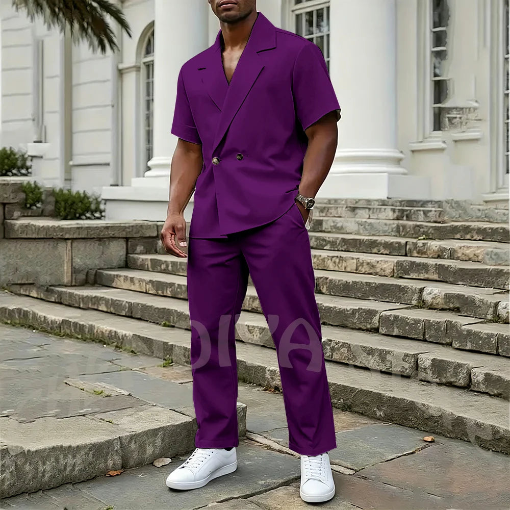 Stylish Men's 2 Piece Sets Notch Lapel Double Button Short Sleeves Blazer Suit Straight Fit Summer Casual Fashion Outfit