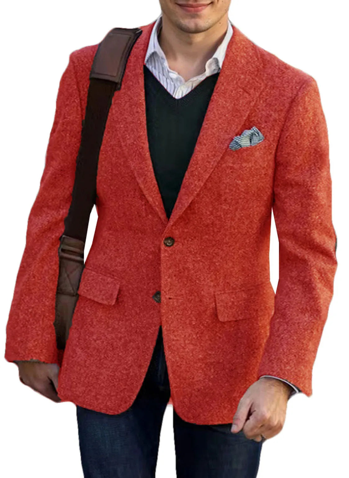 Men's Tweed Blazer Notched Lapel Wool Blend With Elbow Patches Casual Suit Jacket For Business Wedding Daily Wear Party