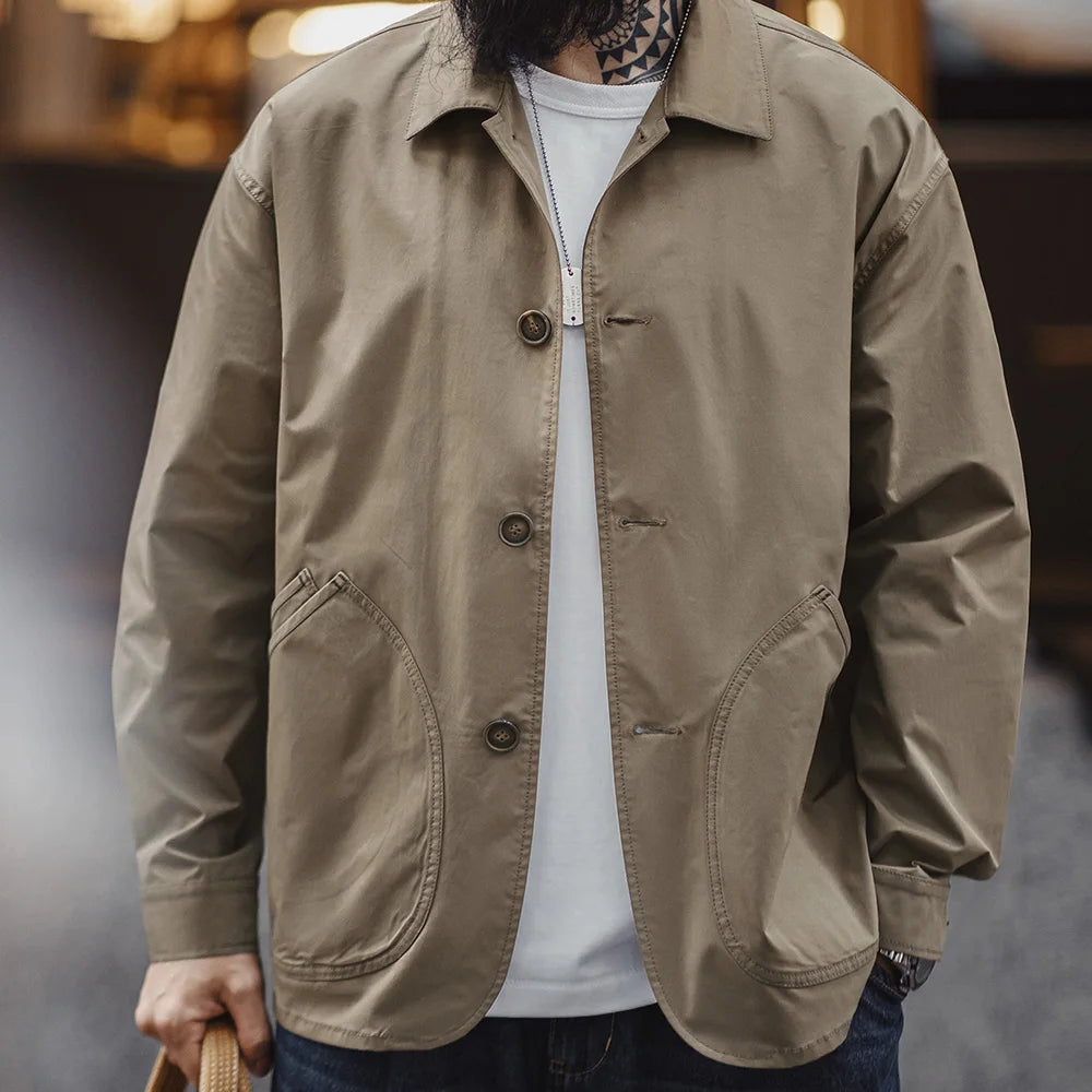 Maden French Vintage Work Jacket Men's Coffee Notch Lapel Casual Single Breasted Coat Slant Pockets Outwear for Spring and Fall