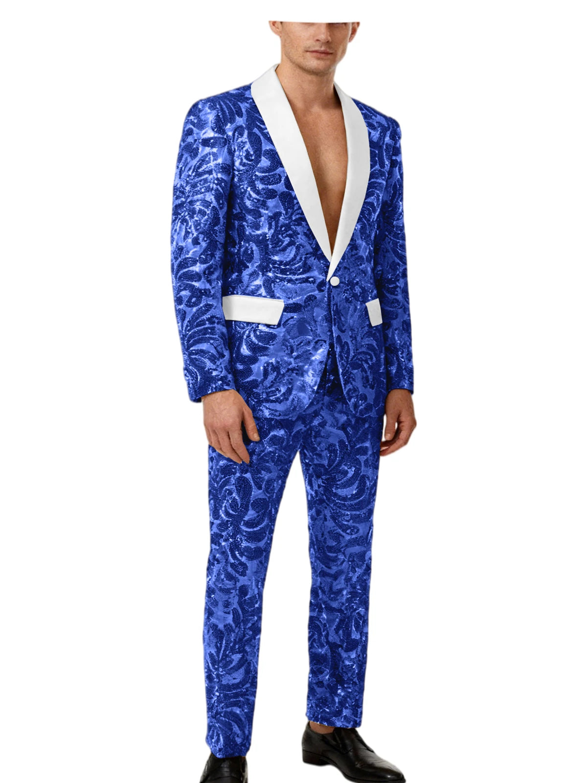 Men's Sequin Paisley Tuxedo Set Suit White Satin Shawl Lapel Slim Fit 2 Piece Blazer+Pants For Wedding Prom Party Suit Plus Size