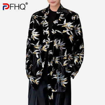 PFHQ Embroidery Sequins Men's Blazers Lace-up Loose Niche Design Turn-down Collar Male Suit Jackets Autumn Fashion New 9C7490