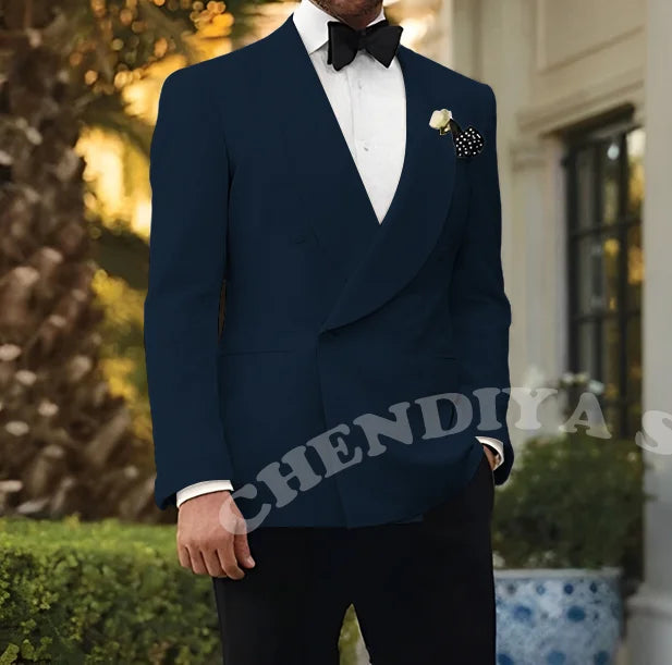 Double Breasted Men Suits Wedding Suit Groom Elegant Shawl Lapel 2 piece Slim Fit Man Set Jacket With Black Pants Formal Blazer