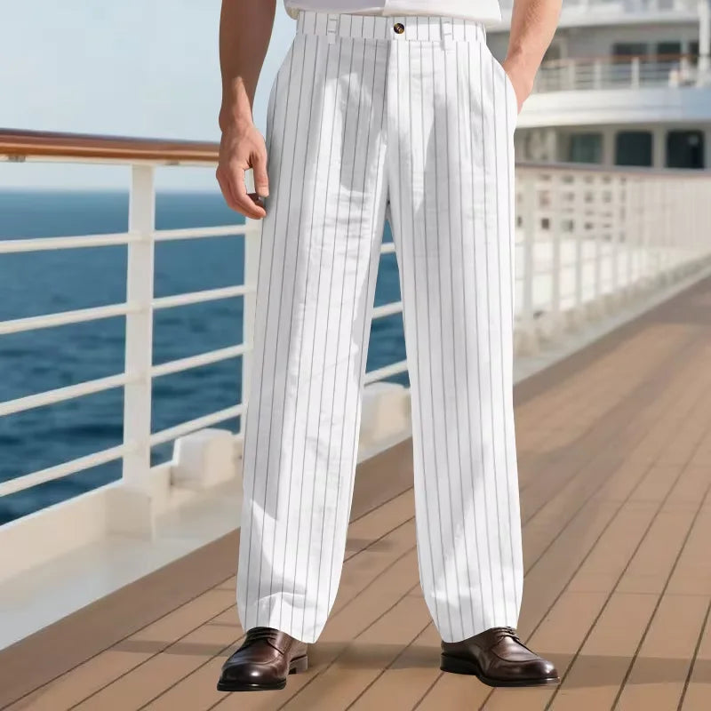 Men's Pinstripe Linen Pants Solid Color Loose Fit Half Elastic Waist Straight Leg Trousers Breathable Soft  For Summer Beach