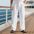 Men's Pinstripe Linen Pants Solid Color Loose Fit Half Elastic Waist Straight Leg Trousers Breathable Soft  For Summer Beach