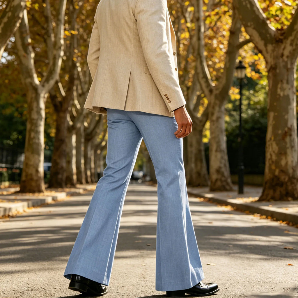 Men's Beige Linen Flare Pants High Waist Bell Bottom Lightweight Wrinkle Resistant Slim Fit Trousers For Summer Business Casual