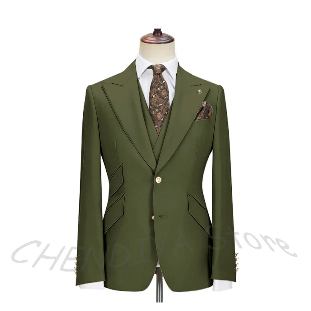 Solid Color Men's Suits 3 Piece (Blazer+Pants+Vest) Fashion Peak Lapel Single Breasted Prom Male  Business Casual Clothing