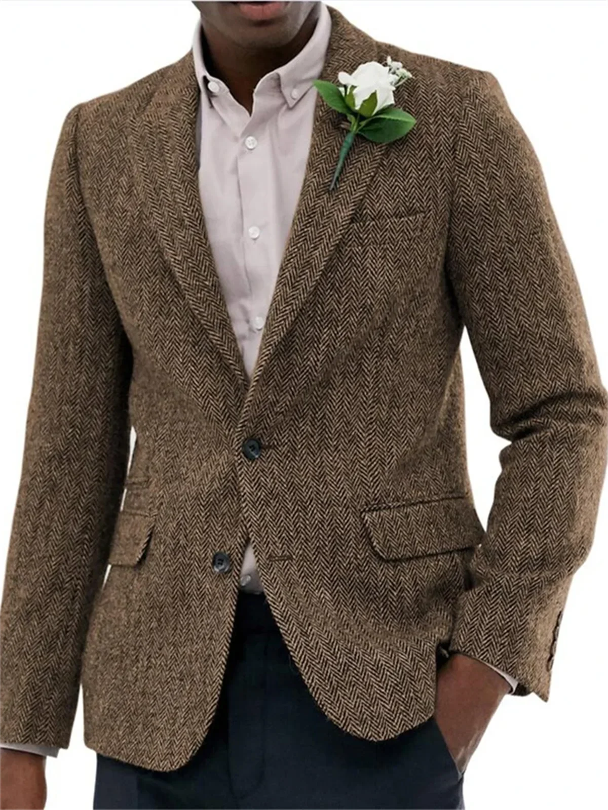 1 pièce classique Brown Herringbone Business Men cosit veste marié mariage décontracté slim fit fête costume Homme Blazer