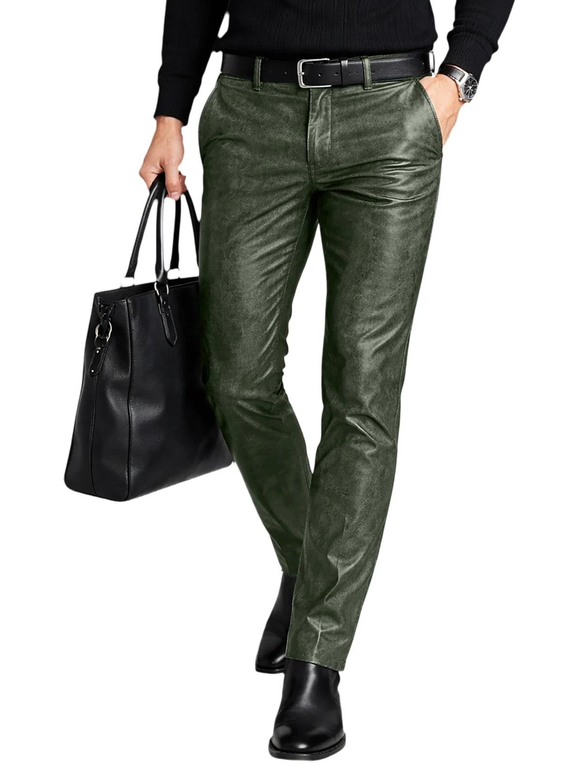 Men's Faux Leather Straight Leg Pants Slim Fit Business Casual Trousers Streetwear For Daily Office Travel