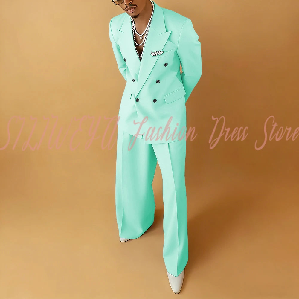 Double Breasted Men Solid Color Suit 2 Pieces Jacket Pants Business Casual Social Party Male Clothing Best Man Costumes Hommes