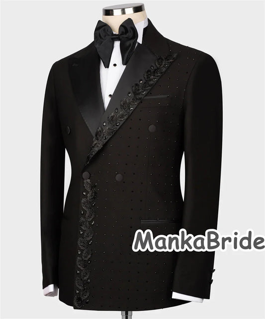 Luxury Black Groom Tuxedo with Crystal Double Breasted Blazer Pants Formal Party Men's Suit Blue Conjunto hombre