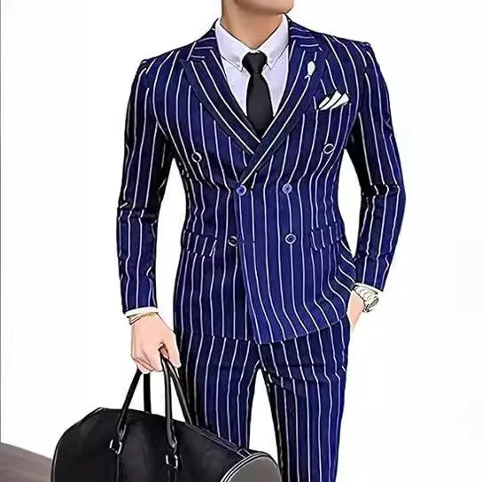 Costumes pour hommes à rayures grises doubles pour le mariage conçu pour l'homme costume marié 2 pièces smokings best man blazer pantal