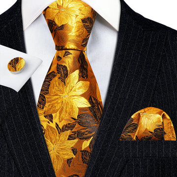 Elegant Mens Liets Gold Feuilles en or Floral Silk Coup Pocket Square Cuffe Links Set Wedding Gift Livraison gratuite Barry · Wang 5966