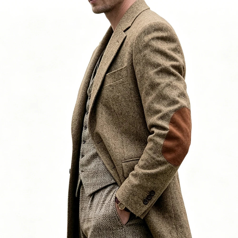 Men's Tweed Blazer Notched Lapel Wool Blend With Elbow Patches Casual Suit Jacket For Business Wedding Daily Wear Party