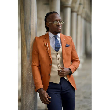 Fashion Three Color Slim Men's Suit 3 Pieces Single Breasted Peak Lapel Set Daily Handsome Male（Blazer+Pants+Vest）