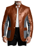 Men's Crocodile Embossed Leather Brown Jacket Patchwork Denim Stand Collar Slim Fit Luxury PU Blazer For Business Casual Party