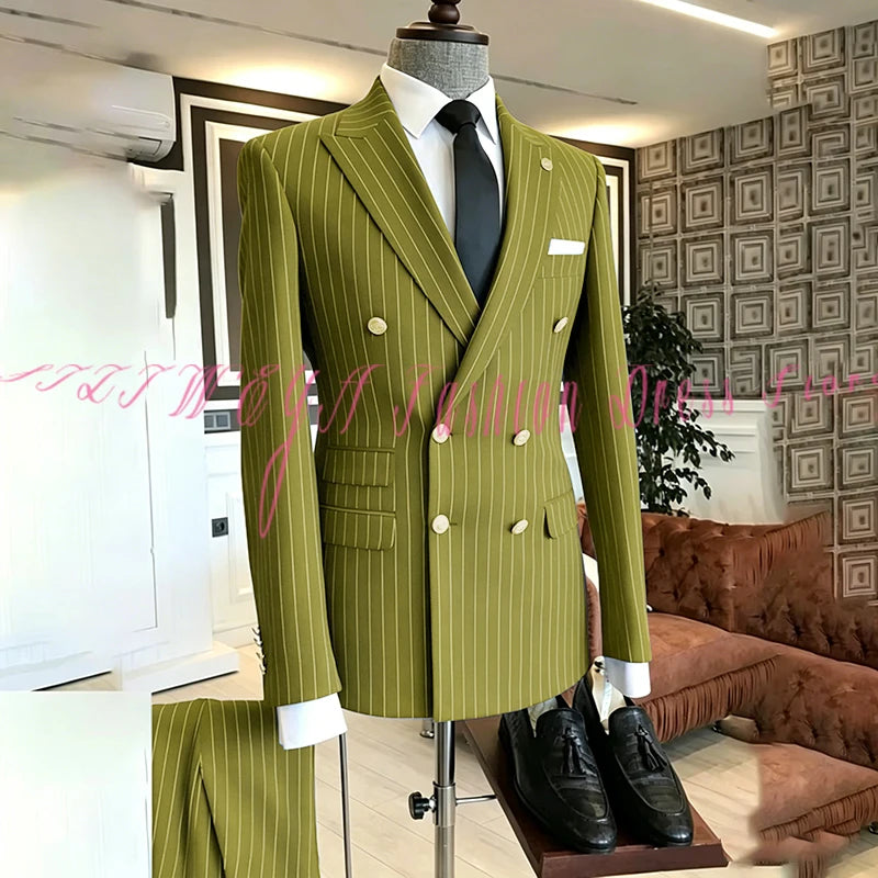 2025 Men's High-End Boutique Suit Stripe Trousers Set Wedding Party Fashion Business Casual Trendy Two-Piece Ensemble