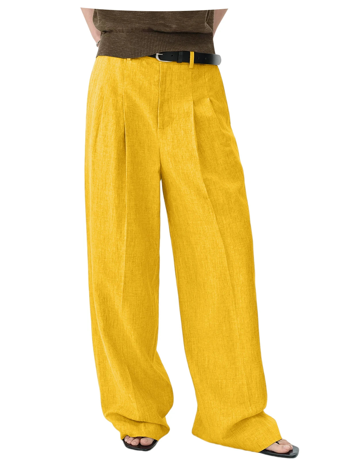 Men Linen Wide Leg Pants High Waist Pleated Casual Trousers Breathable Loose Straight Suit Pants Streetwear