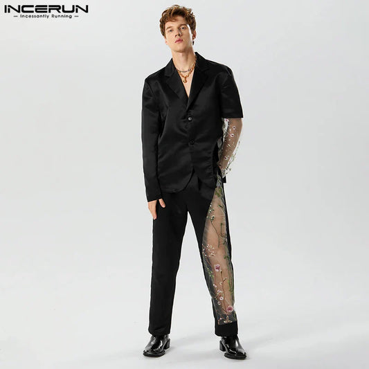 INCERUN Fashion Well Fitting Men's Sets Long Sleeved Suit Jackets Pants Patchwork Lace Flower Hollowed Two-piece Sets S-5XL 2024