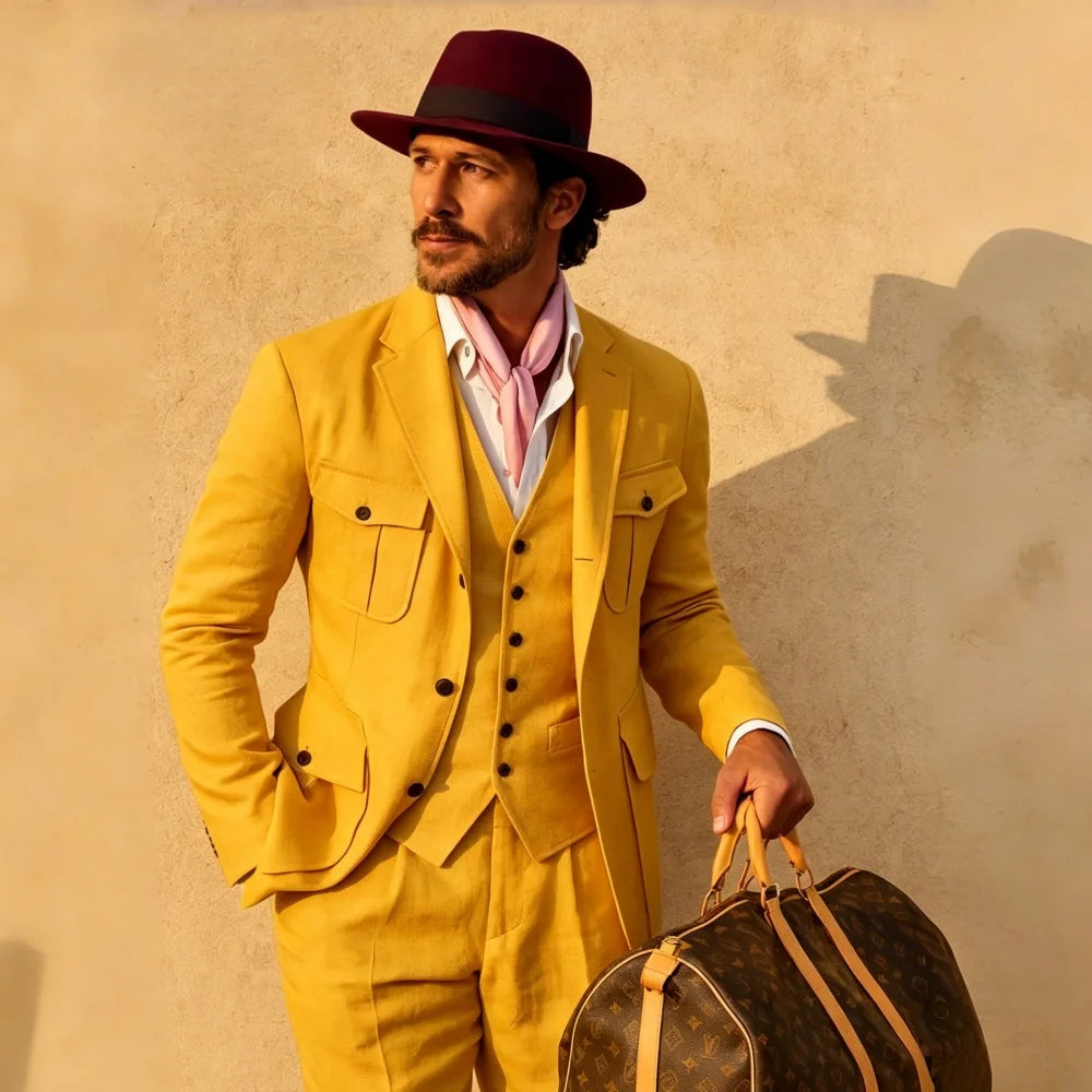 Beige Linen Safari Men Suits 3 Pieces Summer Men Suits Breathable Casual Formal Blazer Vest Pants Set for Male Daily Wear