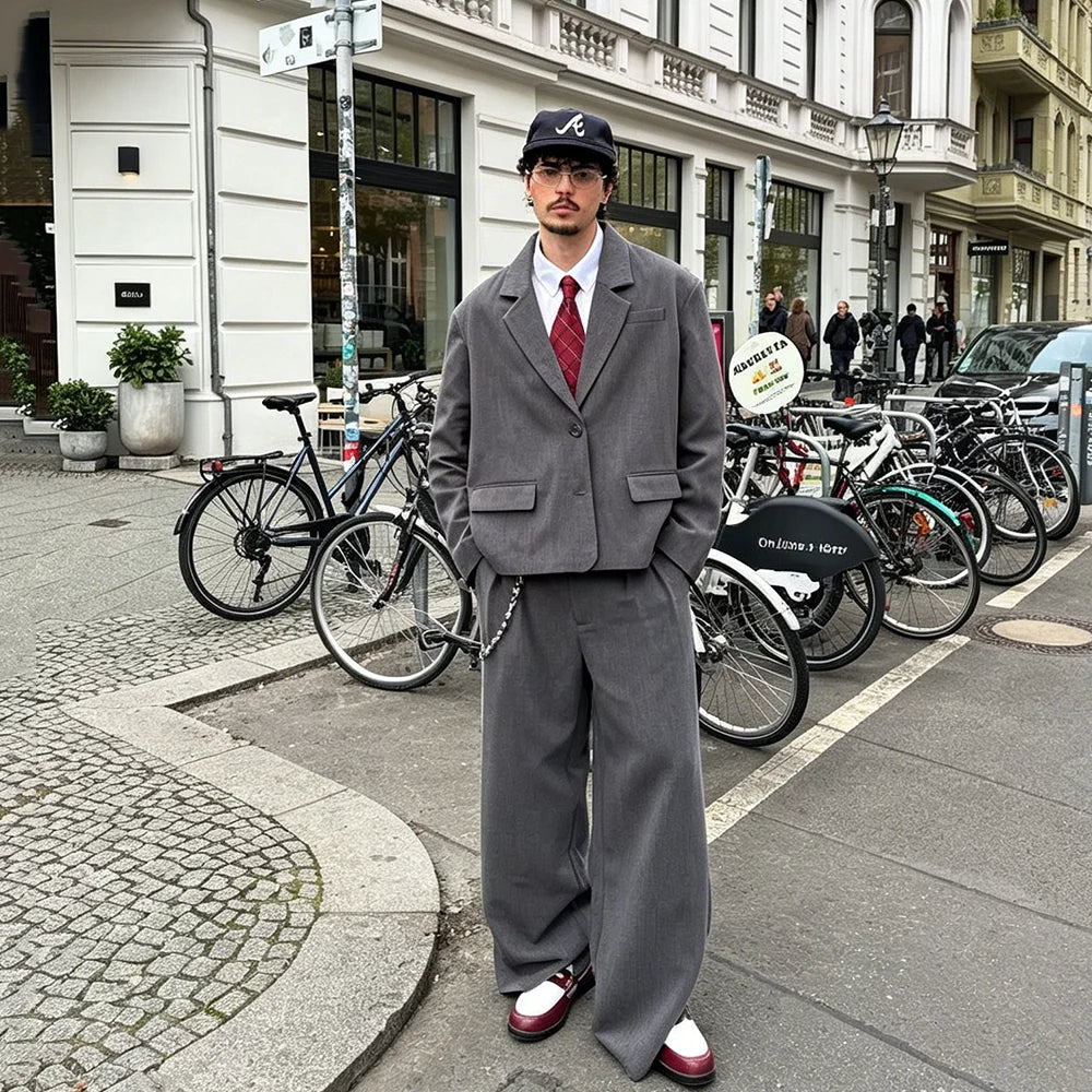 Casual Single-Breasted Suit For Men Wedding Business Classic 2 Pieces Set Jacket Wide-leg Pants Office Commute Chic Male Outfits