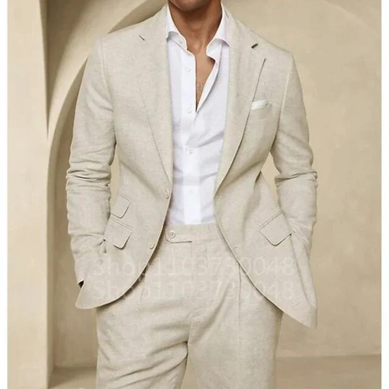 2 Piece High QualityBlue/Beige Linen Men Suit Smart Casual Single Breasted Slim Fit Notch Lapel Blazer with Pants Costume Homme