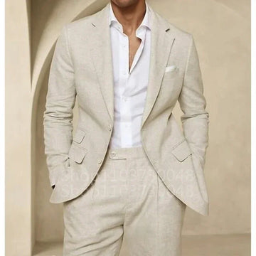 2 Piece High QualityBlue/Beige Linen Men Suit Smart Casual Single Breasted Slim Fit Notch Lapel Blazer with Pants Costume Homme