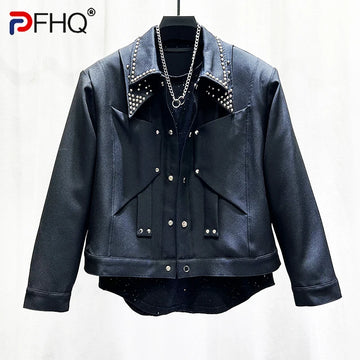 PFHQ Autumn Winter Rivet Double Collar Splicing Design Padded Shoulder Men's Jacket 2024 Darkwear Male Tops Fashion 21Z6504