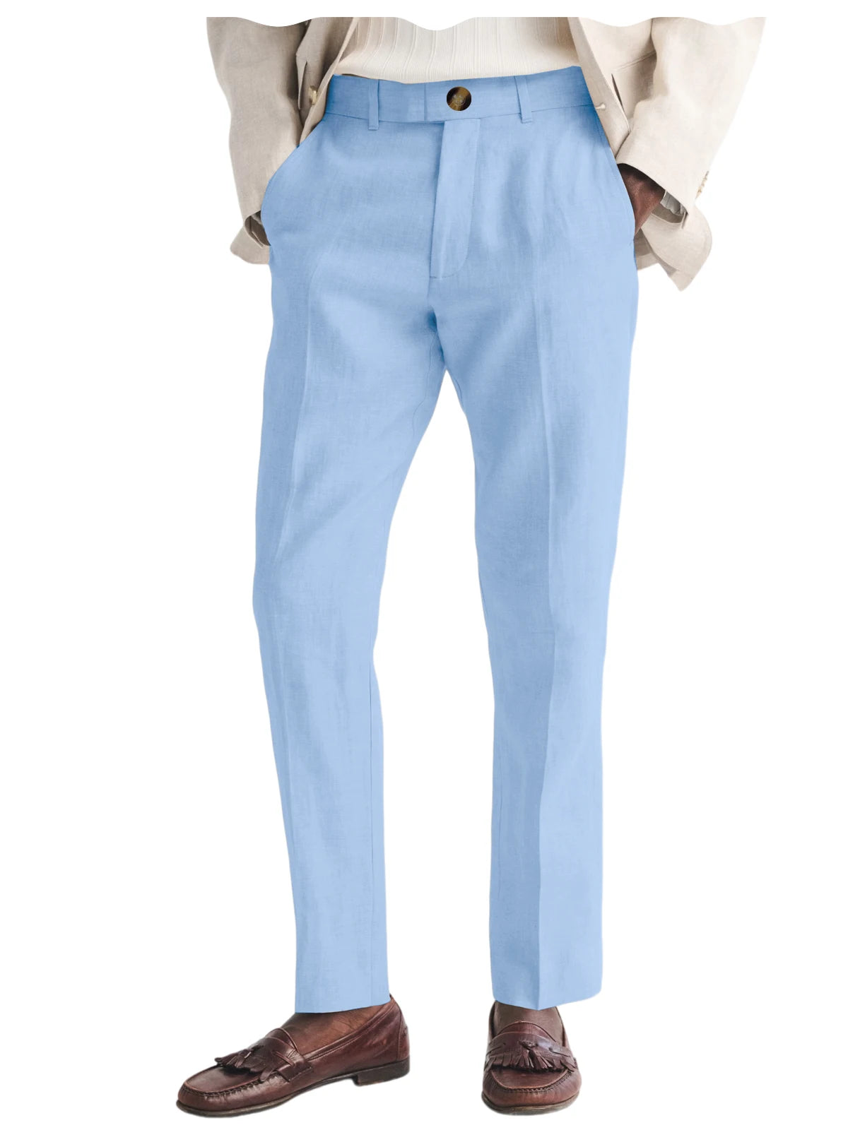 Men's Linen Straight Fit Pants Wrinkle-Resistant Lightweight Breathable Flat-Front Casual Trousers Expandable-Waist For Summer