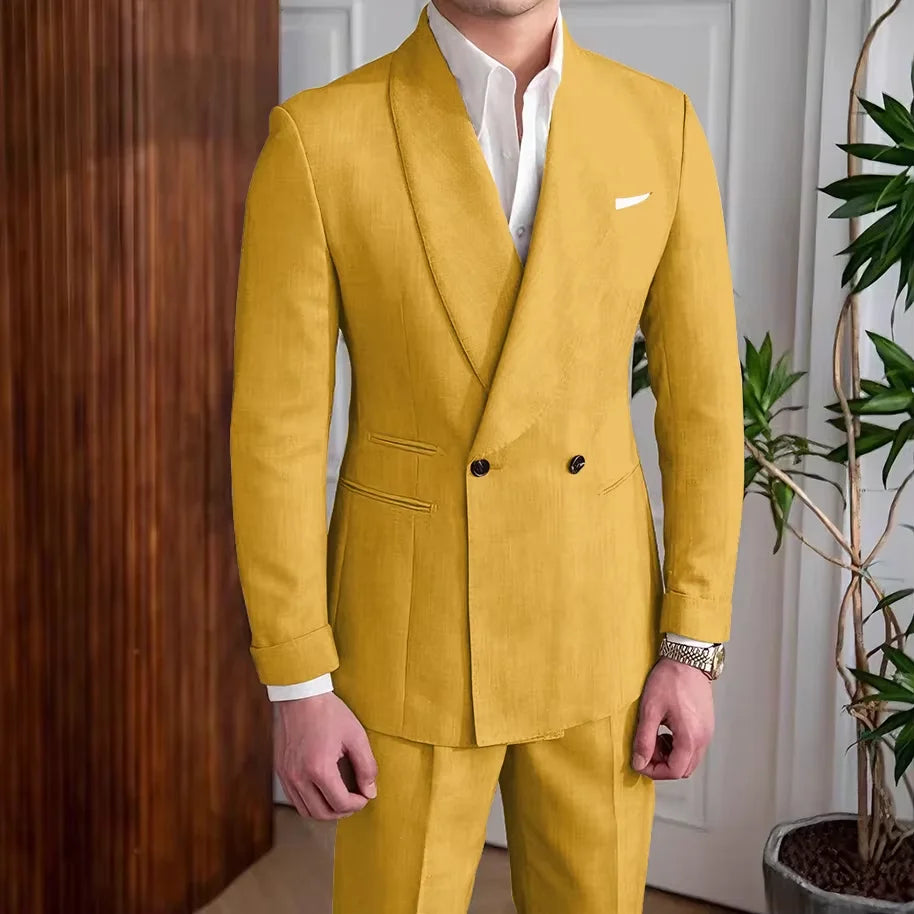 Men's Linen Suit 2-Piece Khaki Shawl Collar Double-Breasted Slim Fit Breathable Jacket and Pants Formal Set for Summer Business
