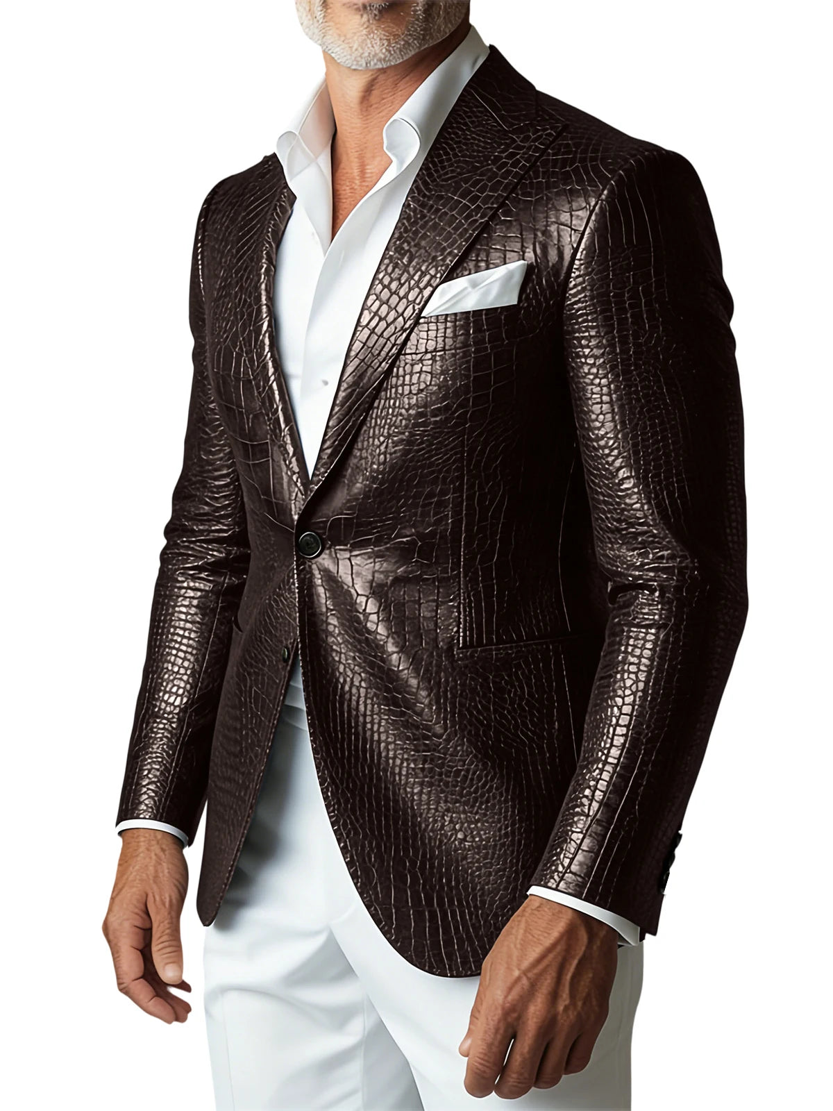 Men Elegant Brown Crocodile PU Leather Blazer Shawl Lapel Long Sleeve Pocket With Belt Business Casual Male Fashion Suit Jacket