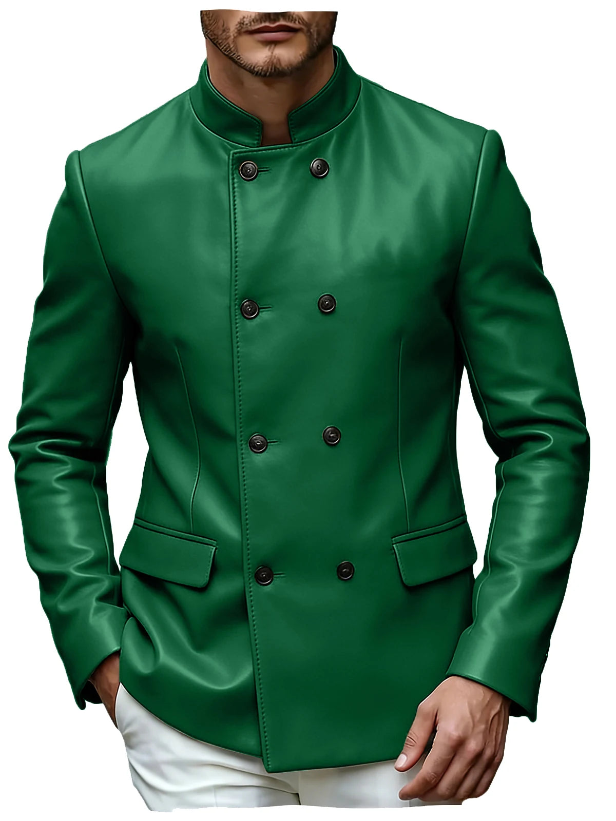 Men's Blazer Stand Collar Faux Leather Jacket High Quality Double Breasted Slim Fit Casual Coat For Business Office Outerwear
