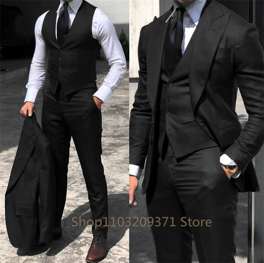 Brown 2024 Men's Suits Men 3 Pieces Slim Fit Business Groom Peaked Lapel Tuxedos For Formal Wedding Suit (Blazer+Vest+Pants)