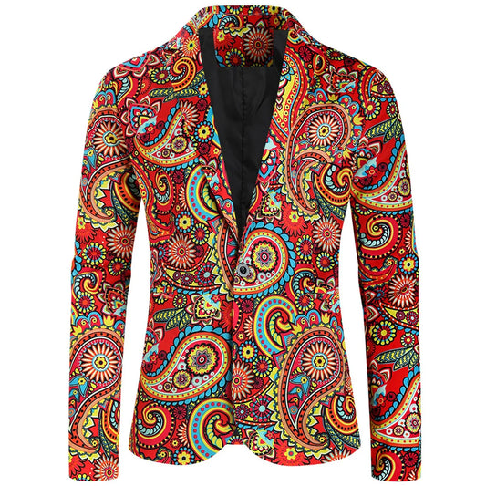 Creative Allover Print One Button Blazer, Men's Casual Flap Pocket Lapel Sports Coat For Spring Fall Party Dinner