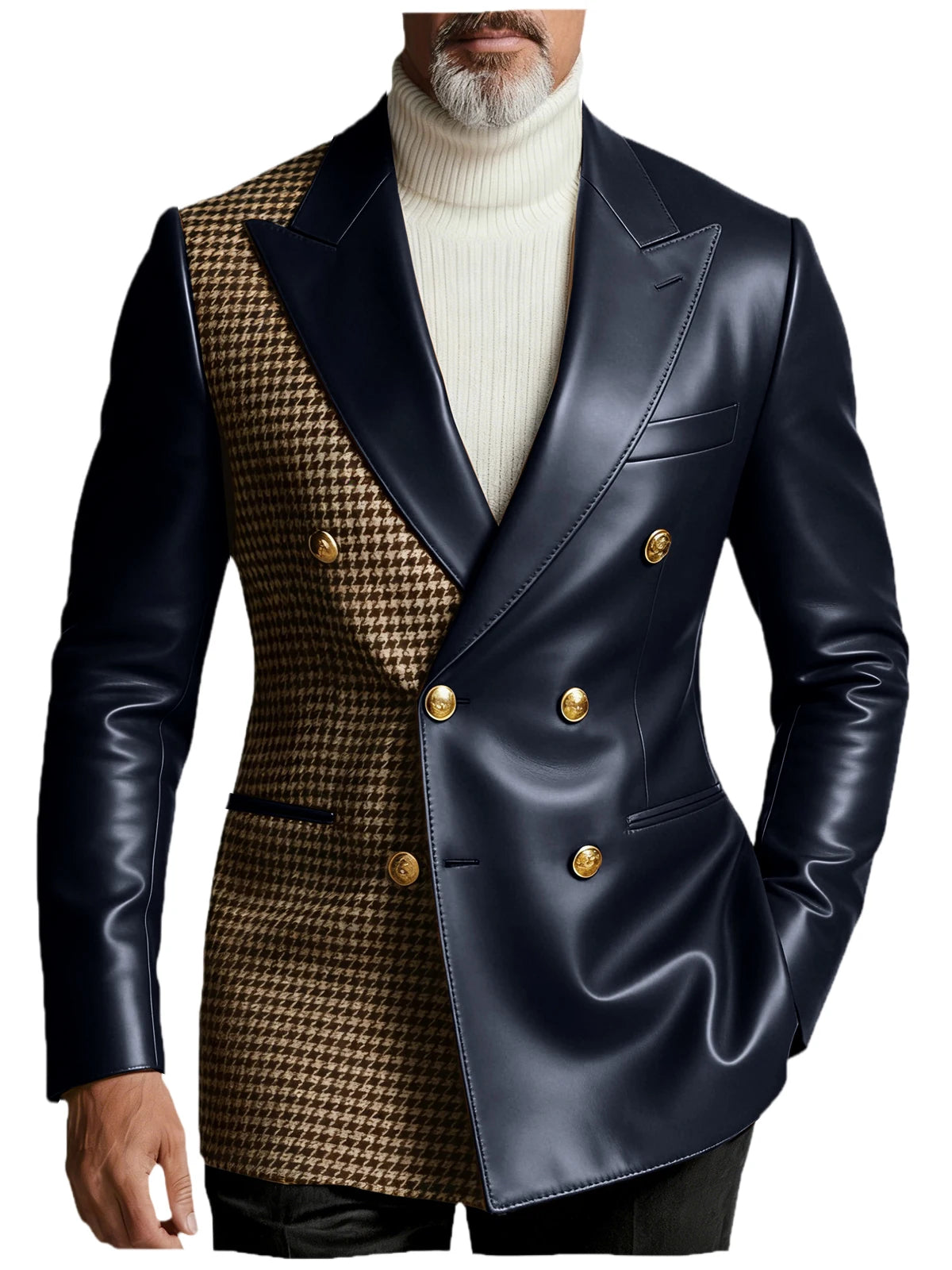 Men's Houndstooth Faux Leather Patchwork Blazer Jacket Double Breasted Peak Lapel Gold Button Slim Fit Suit For Business Casual