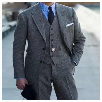 Men's Suit Set Fashion Wool Tweed Herringbone 3 Pieces Jacket Pants Vest Slim Fit Formal Wedding Groom's Coats New