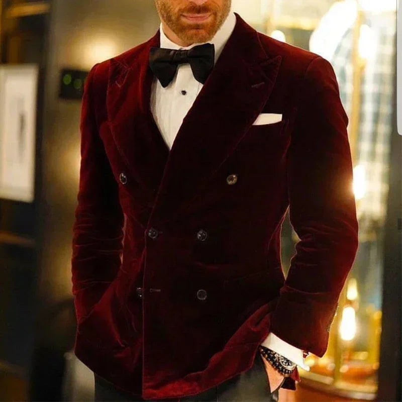 Velvet Smoking Jacket For Men Double Breasted Burgundy Suit Blazer Slim Fit Prom Party 1 Piece Groom Fashion Coat 2025