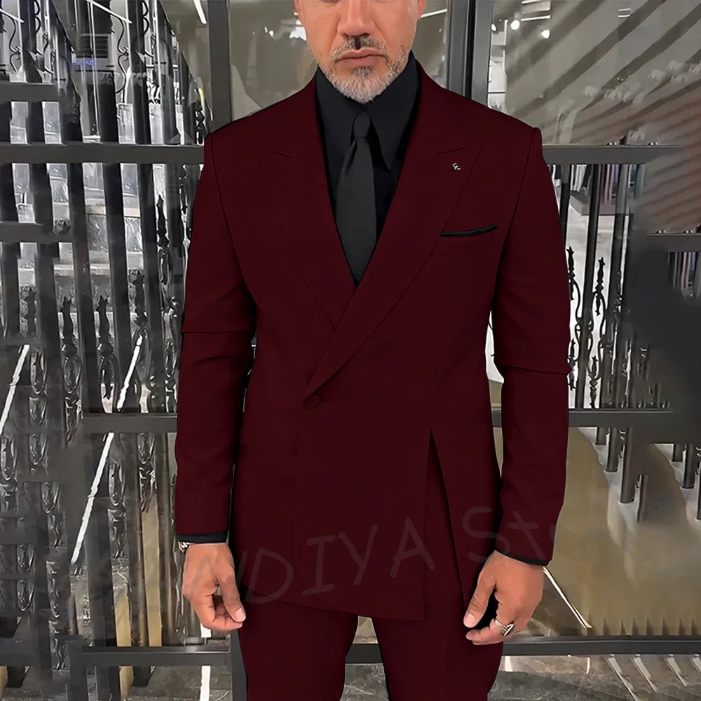 Classic Black Men Suits Single Button Double Split Formal Blazer Business Casual Party Prom Wedding Set 2 Piece Jacket Pants
