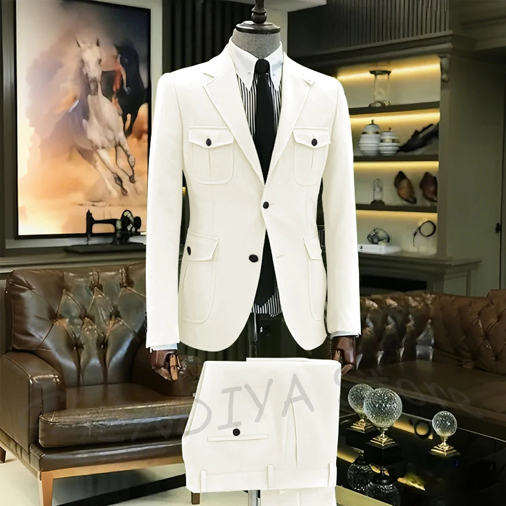 Customized Men Suits Solid Color Four Pockets Notch Lapel Outfits Formal Party Prom Daily Male Sets Two Piece(Blazer+Pants)