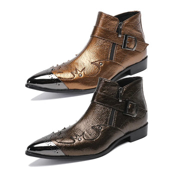 New Solid Color Metal Pointed Men's Leather Shoes Over Ankle Chelsea Men's Zipper Casual Handmade Leather Dress Party Boots